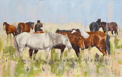 "Grande pascolo" - Pittura ad olio originale realista a cavallo, pittura a olio