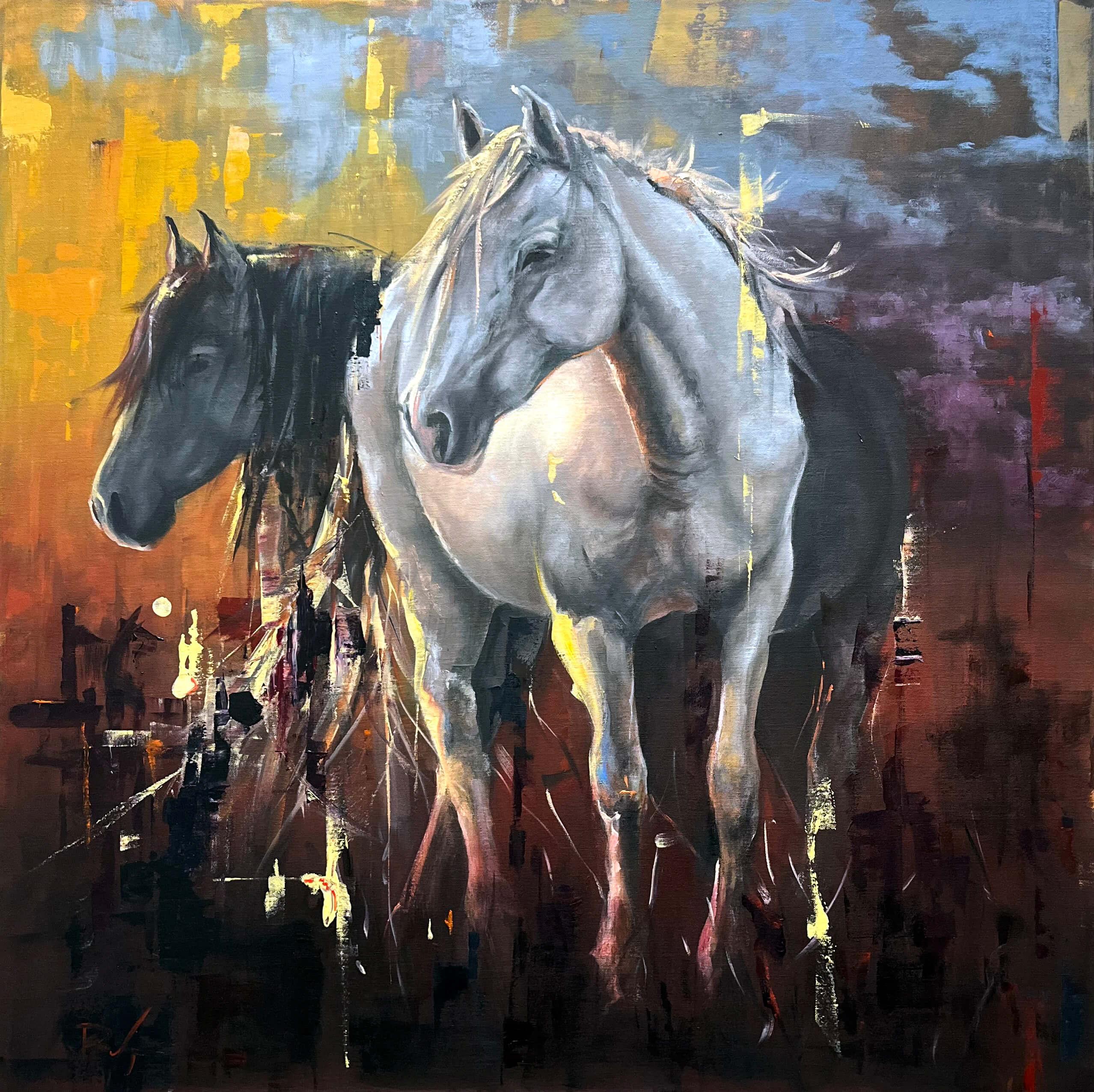 Landscape Painting de Richard Rodriguez - "Primera luz" Cuadro al óleo original de caballos en un paisaje