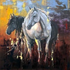 "Primera luz" Cuadro al óleo original de caballos en un paisaje