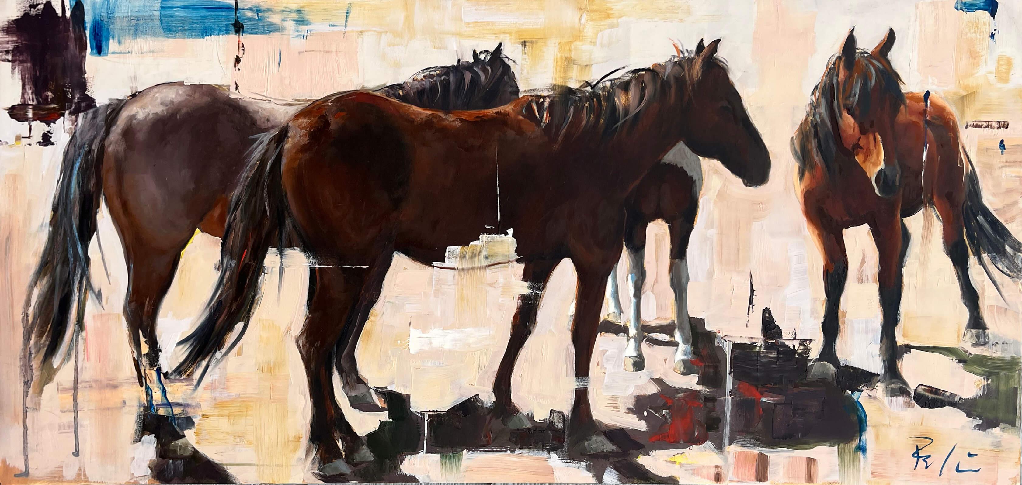 Animal Painting de Richard Rodriguez - "Mirones" Pintura al óleo original de Caballos en un paisaje