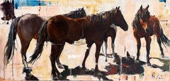 "Mirones" Pintura al óleo original de Caballos en un paisaje