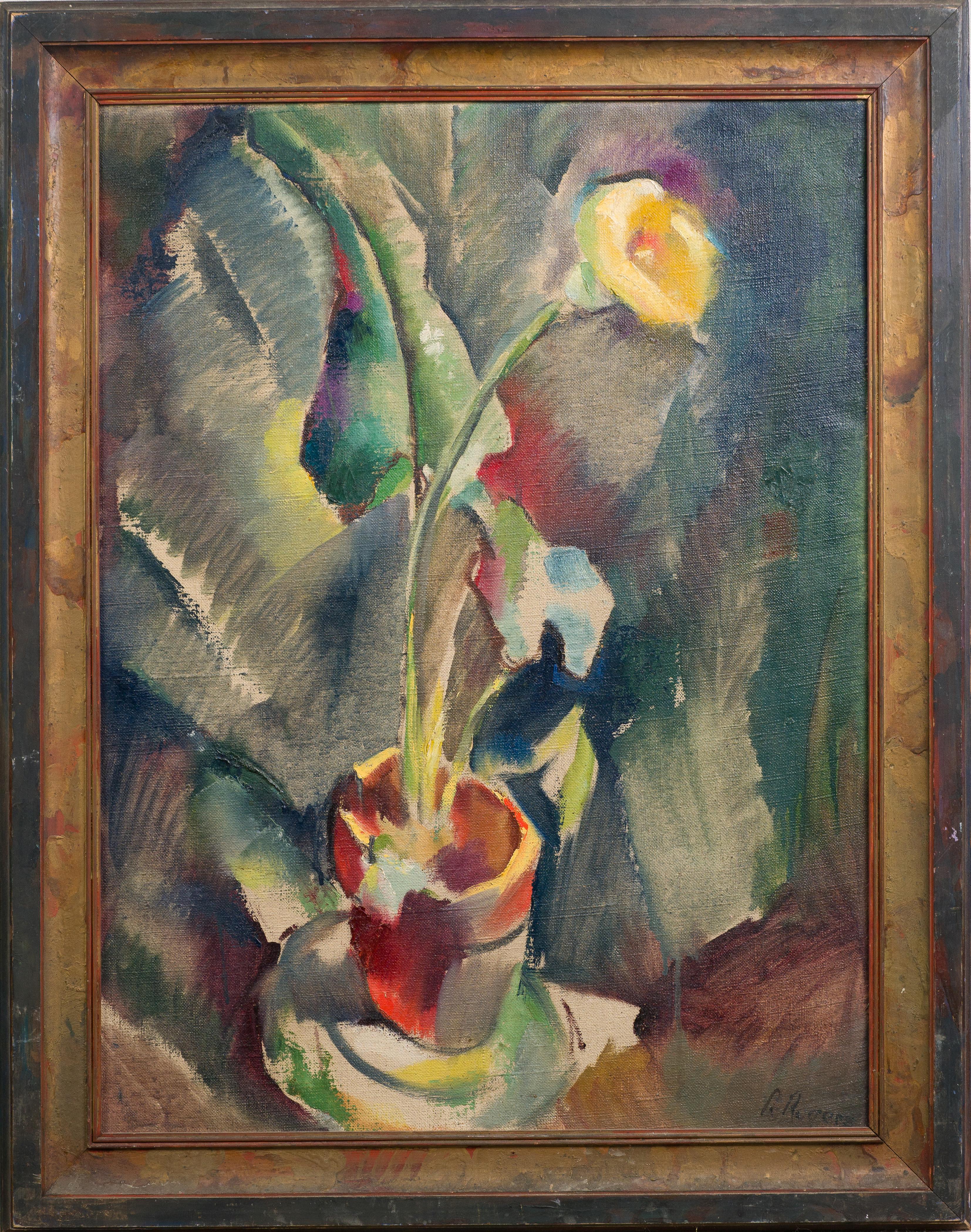 Still-Life Painting di Richard Rogers - Grande dipinto antico cubista impressionista di natura morta floreale firmato con cornice ad olio