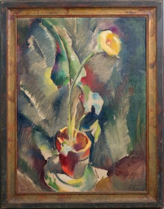 Gran cuadro antiguo cubista impresionista Naturaleza muerta de flores firmado al óleo enmarcado
