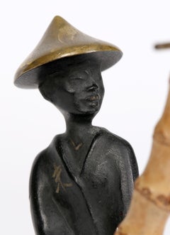 Richard Rohac Attributed Austrian Vienna Bronze Asian Man Holding Bamboo Stem