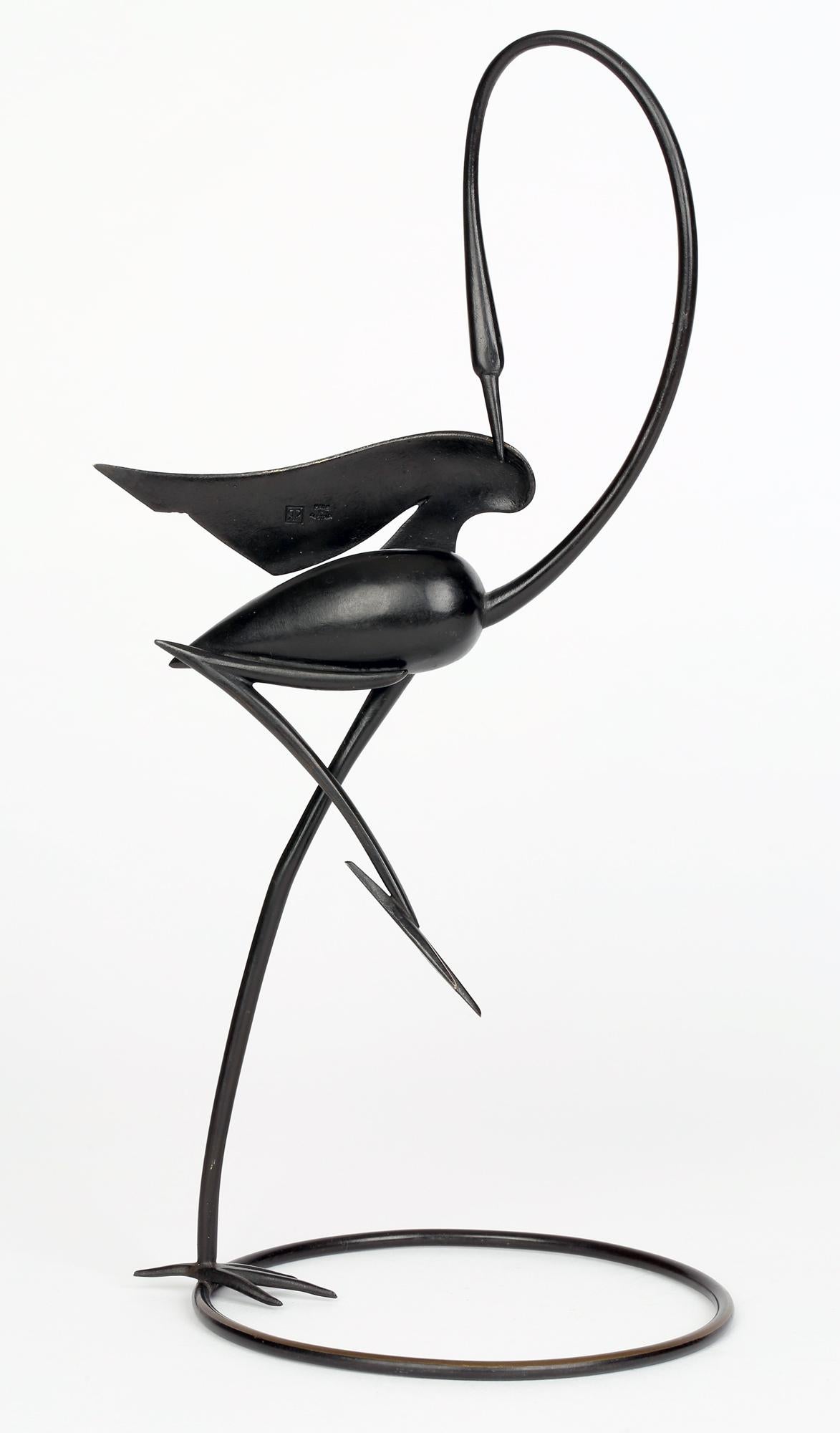 Art déco Richard Rohac Bronze autrichien de Vienne Figure d'oiseau échassier stylisé en vente