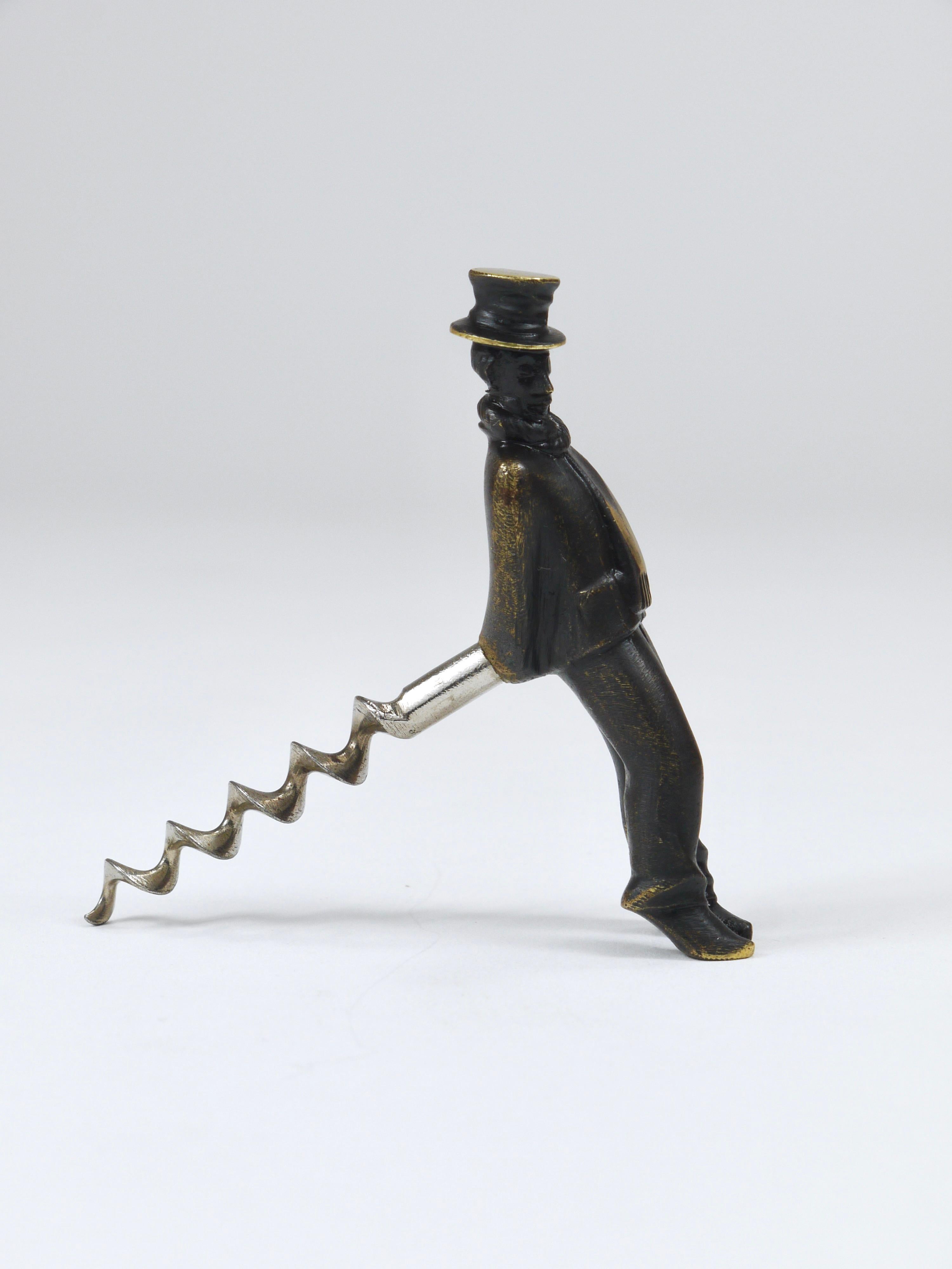 Mid-Century Modern Richard Rohac Leaning Tipsy Gentleman Brass Bottle Opener, Vienna, 1950s For Sale