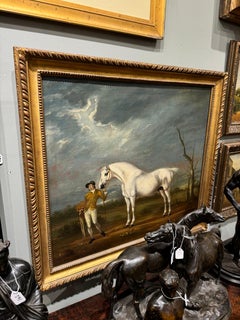 Grey stallion held by groom in Duke of Grosvenor’s colours British 18C
