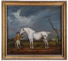 Semental gris sostenido por el mozo de cuadra con los colores del duque de Grosvenor Británico 18C