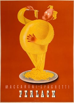 Affiche vintage originale de spaghetti Maccaroni par Roth, vers 1948 Pasta Man