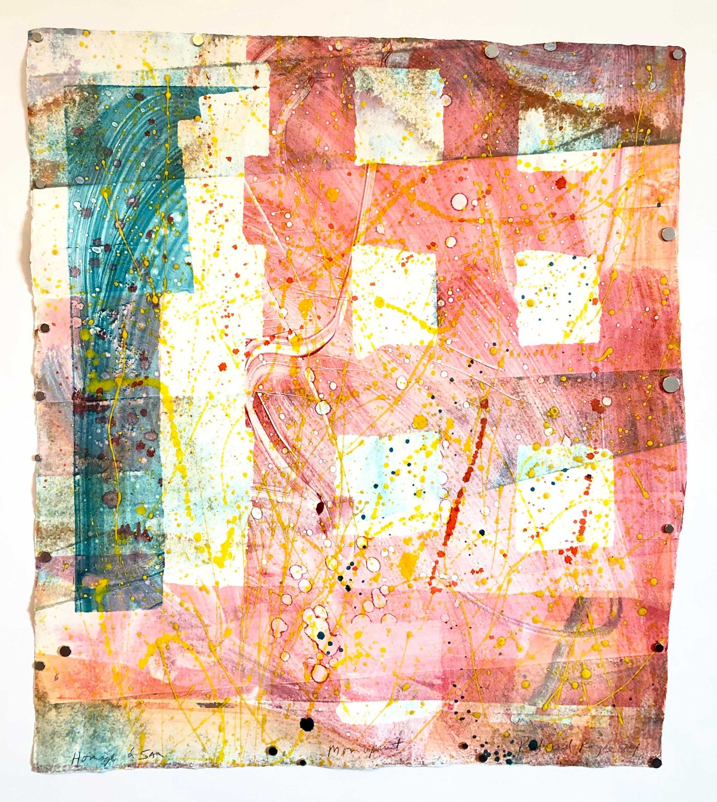 Homage a Sam Francis, Folded Monoprint Mixed Media Splatter Painting Art Print - Beige Abstract Drawing by Richard Royce