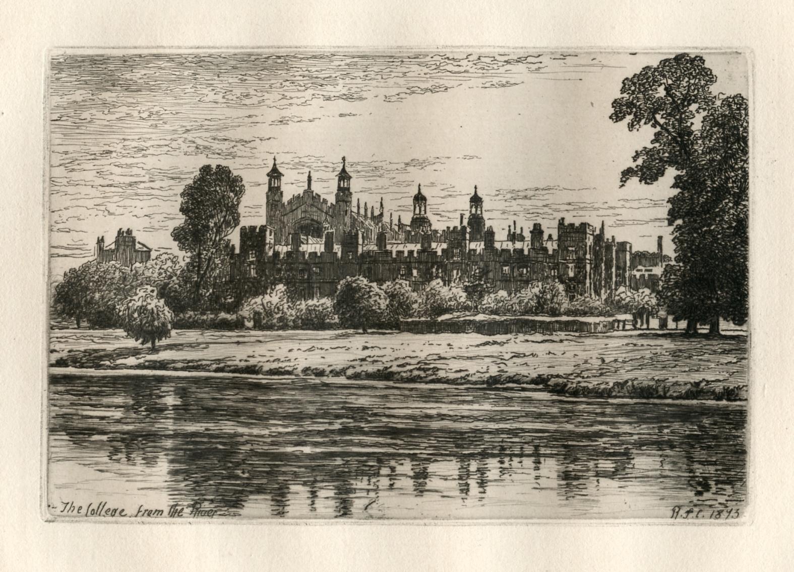 "The College from the River" original etching - Print by Richard Samuel Chattock