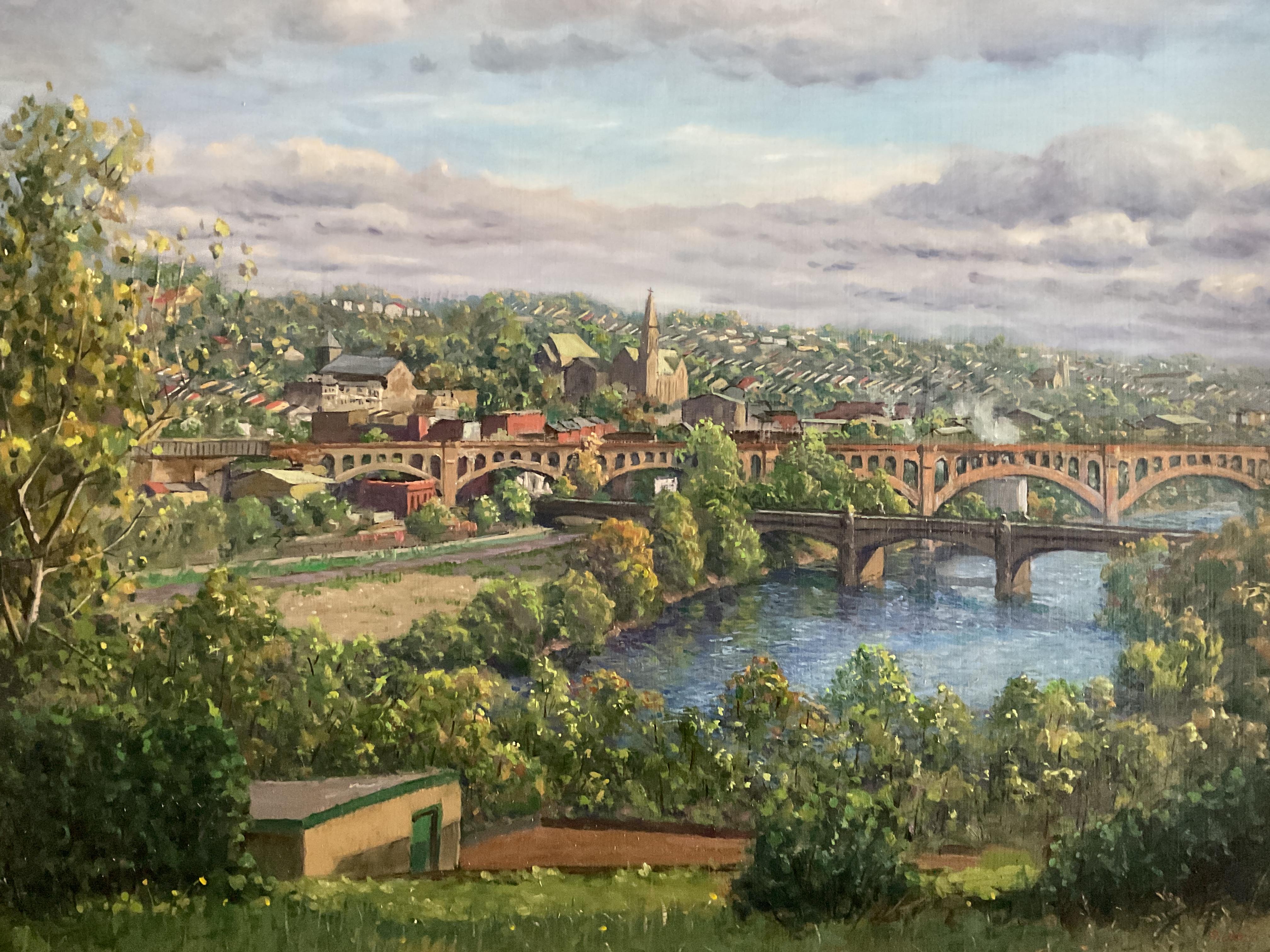 This painting is a well-rendered view of the Schuykill River Valley of Philadelphia.  It focuses on the Manayunk neighborhood and has great detail and presence.  It is very likely a beautiful summer day.  The painting is signed by noted Narbeth