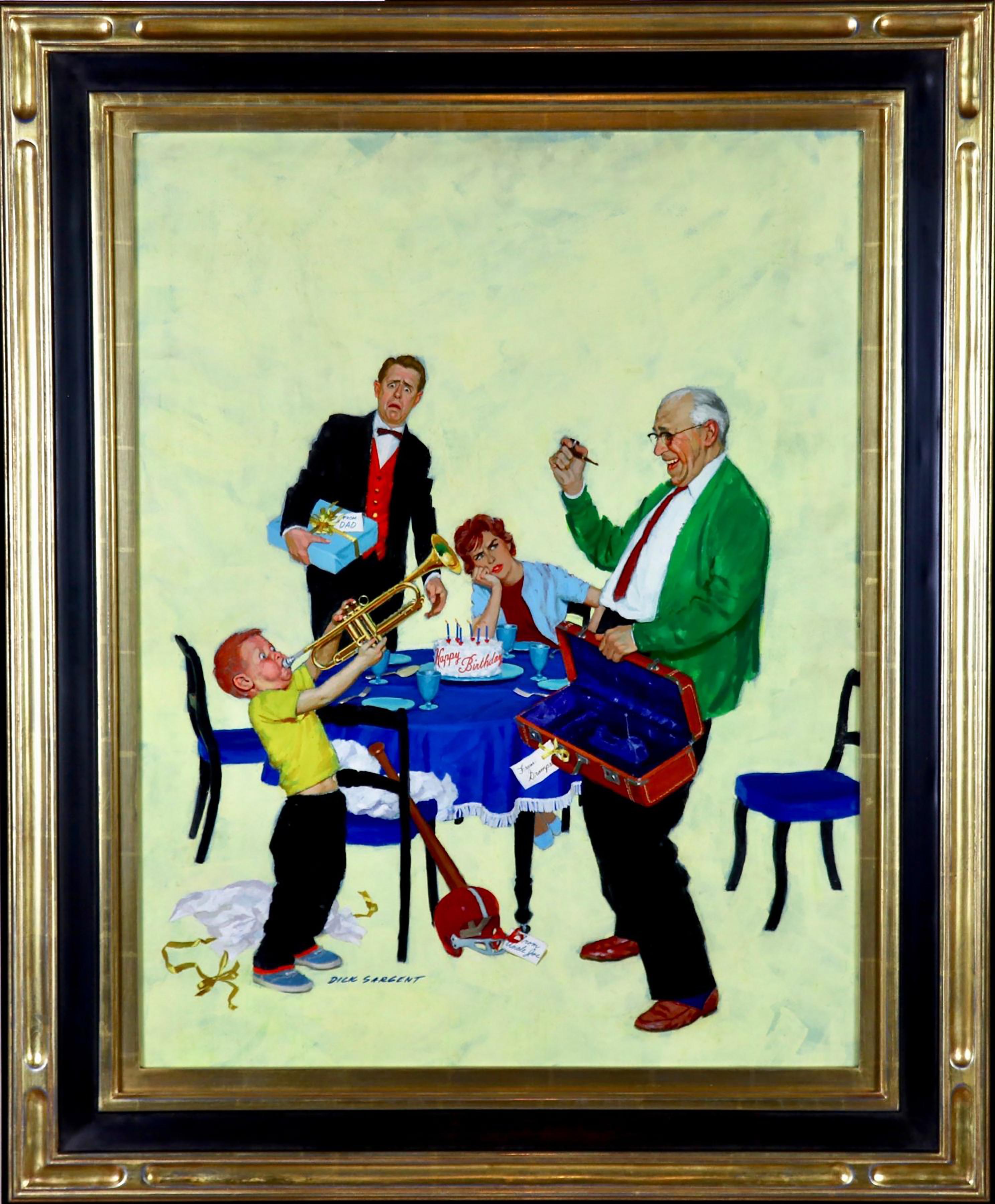 Boy Blowing his Trumpet at a Birthday Dinner - Painting by Richard Sargent