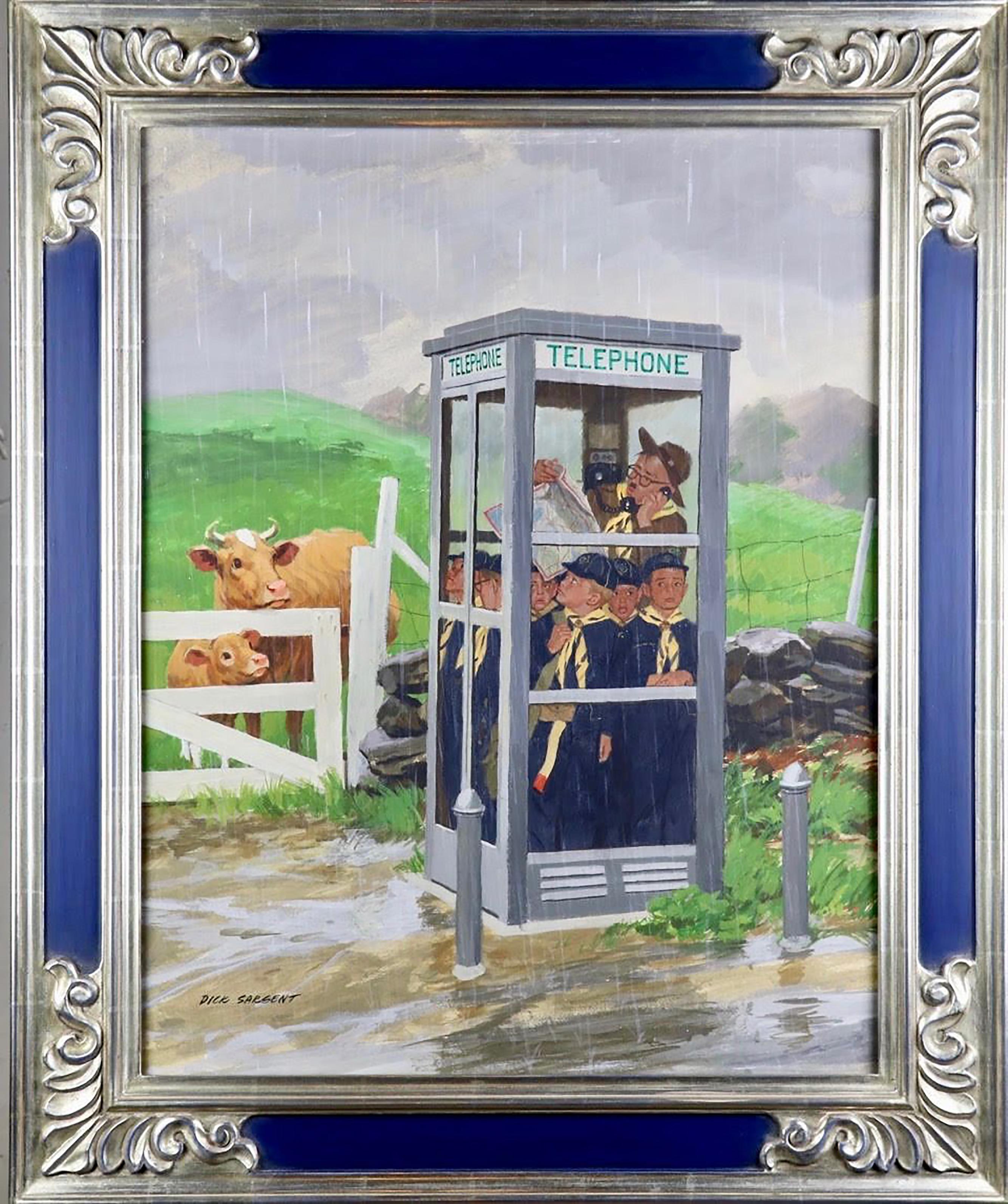 Cub Scouts in Phone Booth - Painting by Richard Sargent