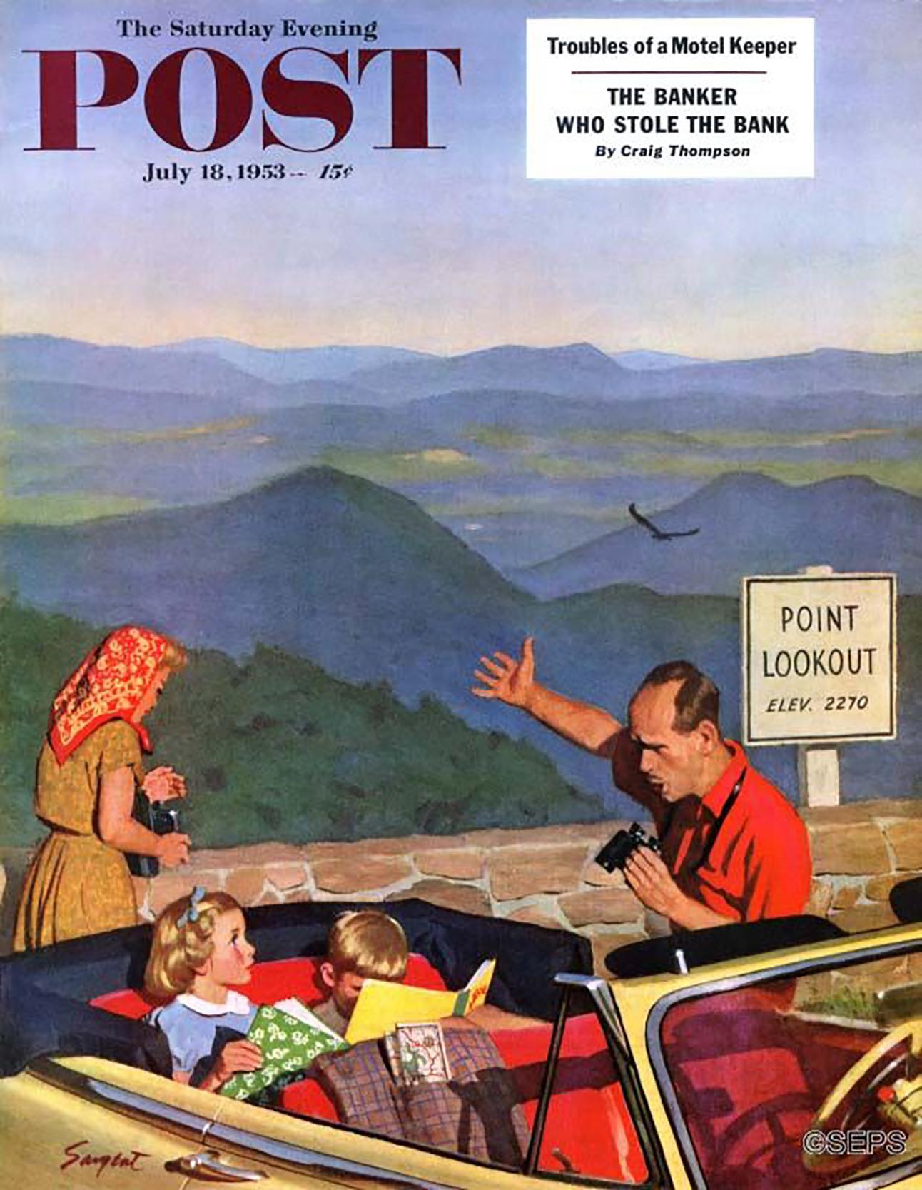 Lookout Point, copertina del Saturday Evening Post - Figurative Painting Grigio di Richard Sargent