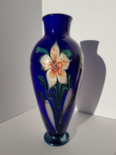 Richard Satava American Art Glass Vase Flower Floral Cased Blue Tiffany Style
