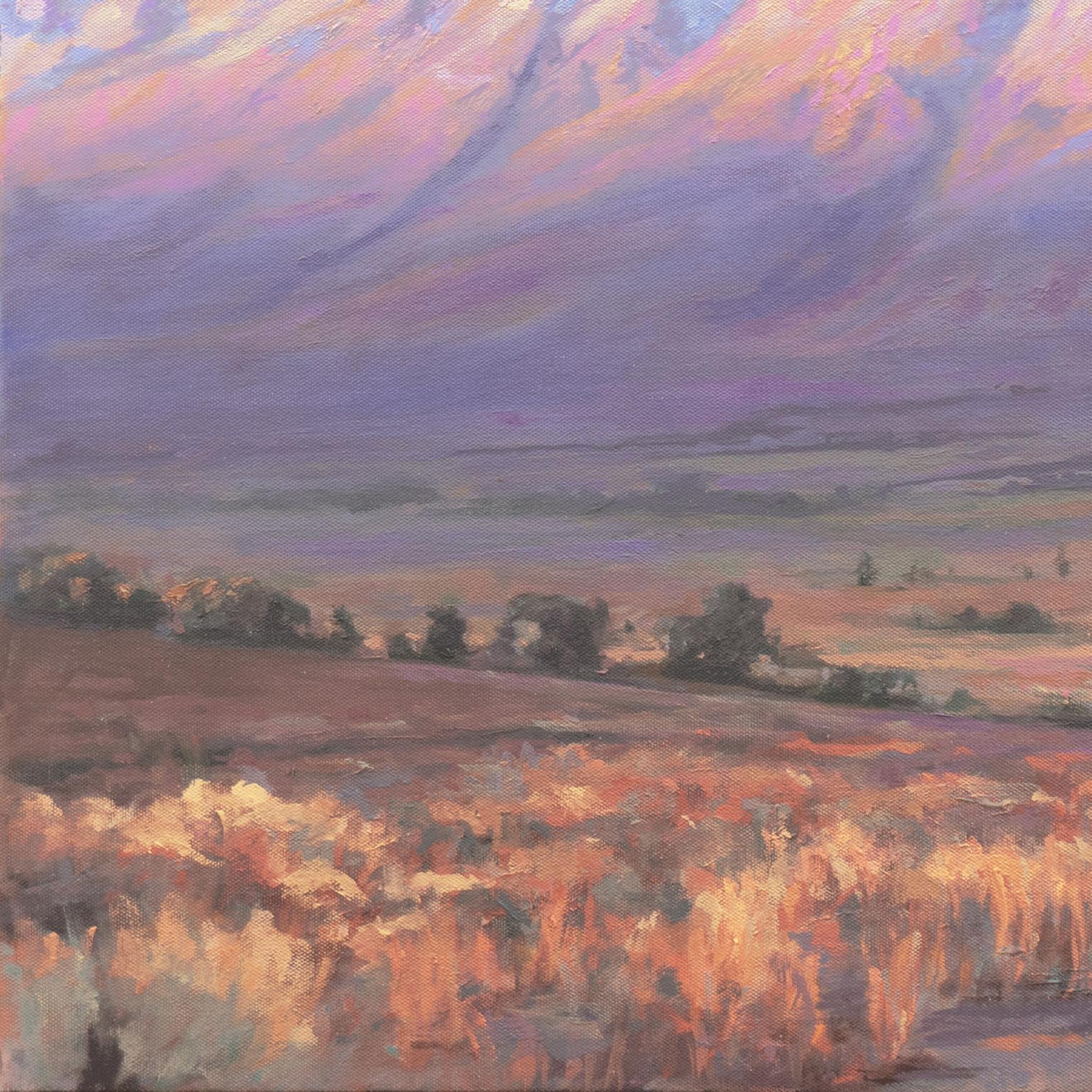 'Autumn, Sunrise over Mt. Tom', Santa Barbara Artist, Ventura Art Museum, Oil - Gray Landscape Painting by Richard Schloss
