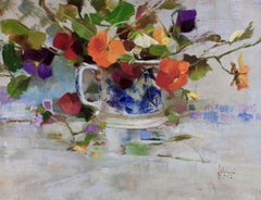 Peinture à l'huile « Blue Cup and Pansies » ( coupe bleue et pensées),