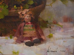 "WINTER GERANIUMS" FLORAL STILL LIFE WITH DOLL & ORNAMENT PAINTED 2002