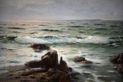 Oil painting on canvas " Rough sea with coastline on the horizon " by Schubring