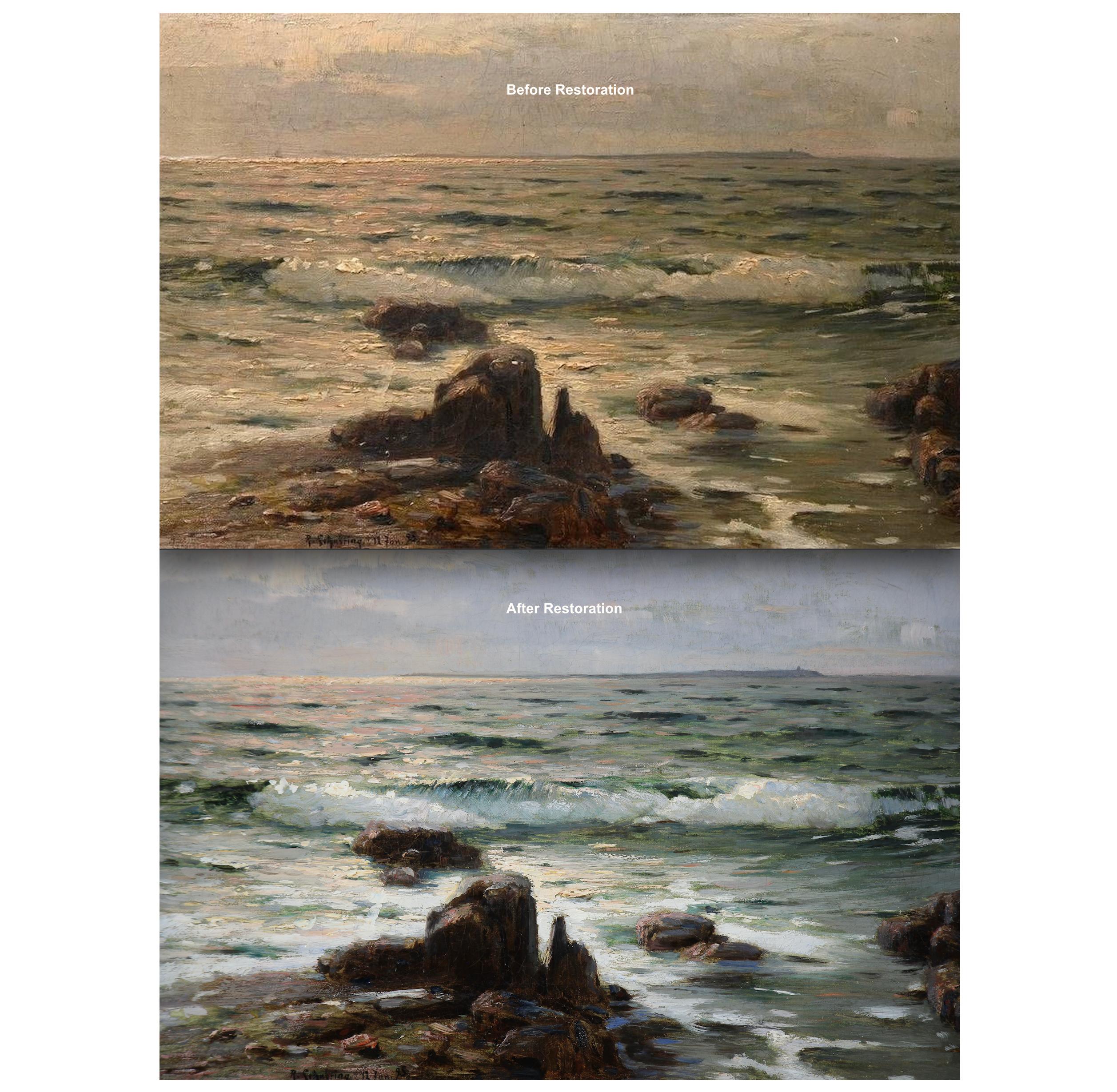 Schubring, Richard (1853-1902) 
Raue See mit Küstenlinie am Horizont 
Öl auf Leinwand. Signiert und datiert unten rechts. 