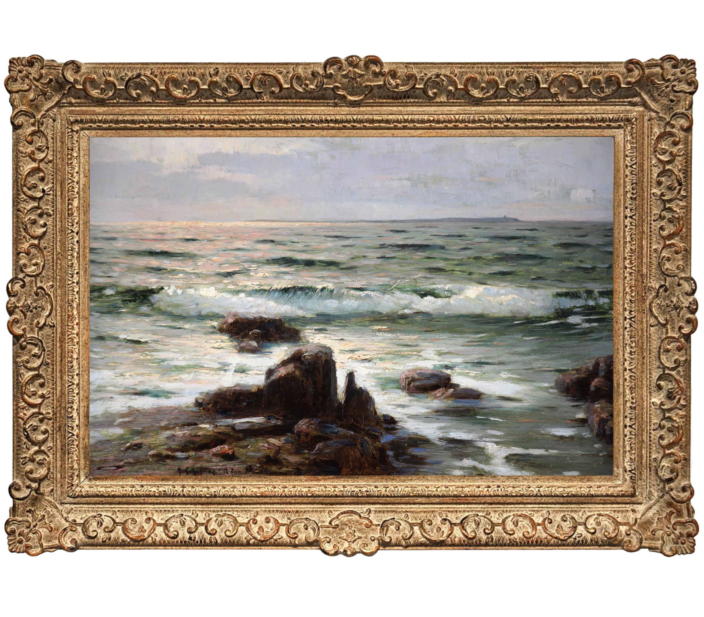 Richard Schubring Figurative Painting – Ölgemälde auf leinwand " Raue See mit Küstenlinie am Horizont " von Schubring