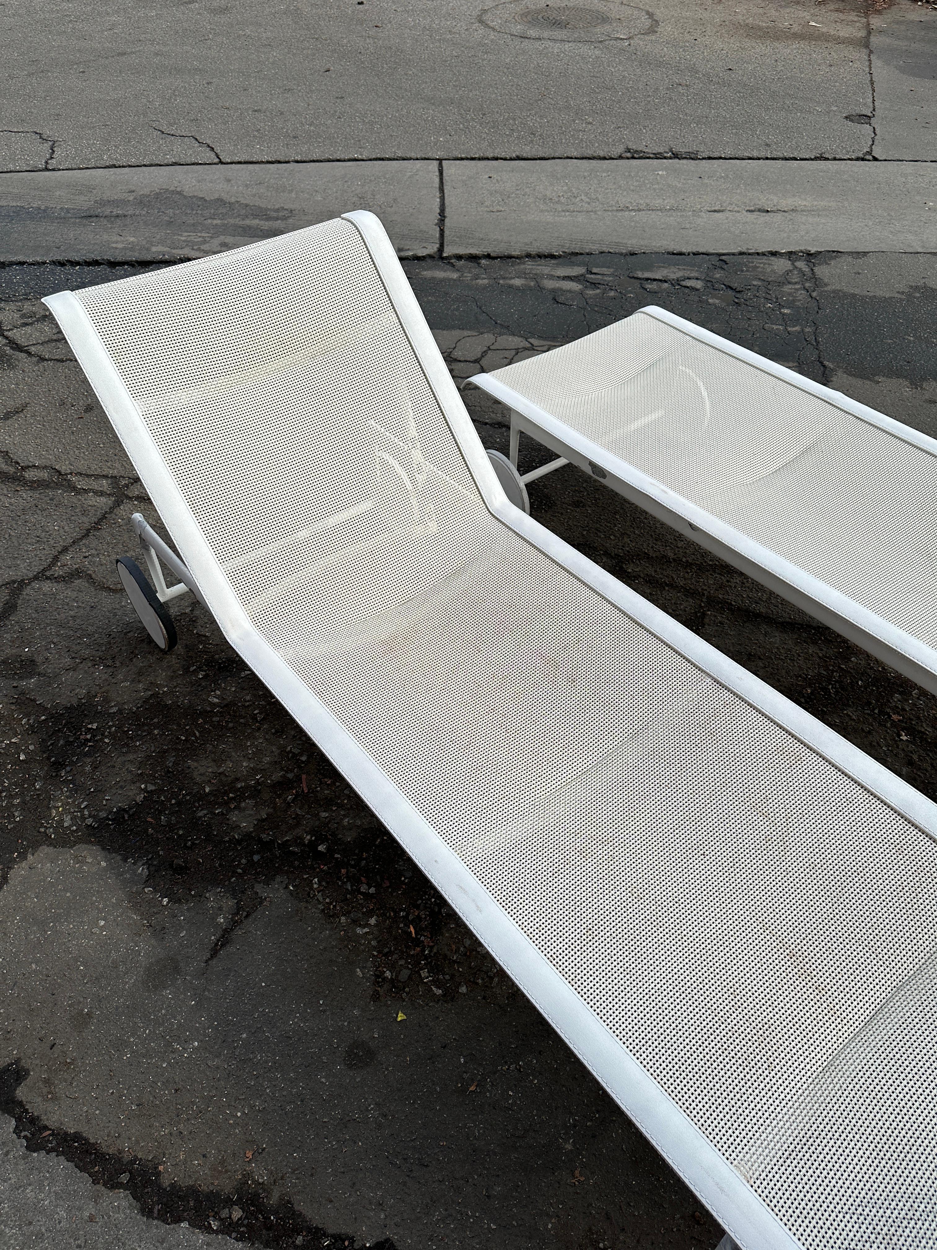Listed for sale is a single (two chairs are available but the price listed is for each one) Richard Schultz Designs adjustable chaise lounge chair in white. 
Dimensions: 76”w x 25.25”d x 35”h / 14.25