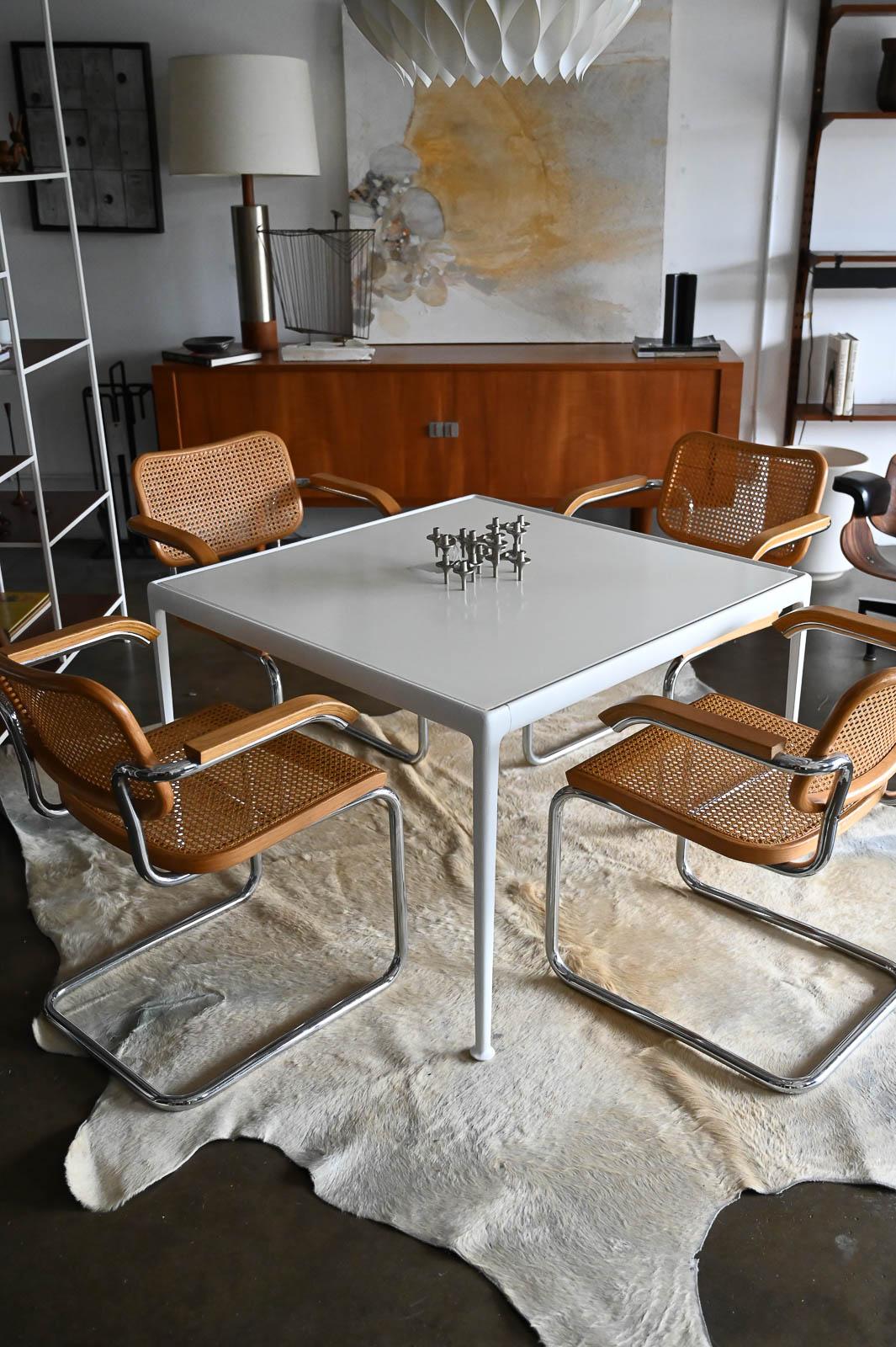 Richard Schultz for Knoll metal dining table, ca. 1955. Base has been professionally powder coated in matte white. Original enameled metal top is in very good vintage condition, has not been restored but not needed. Great vintage table for outdoor