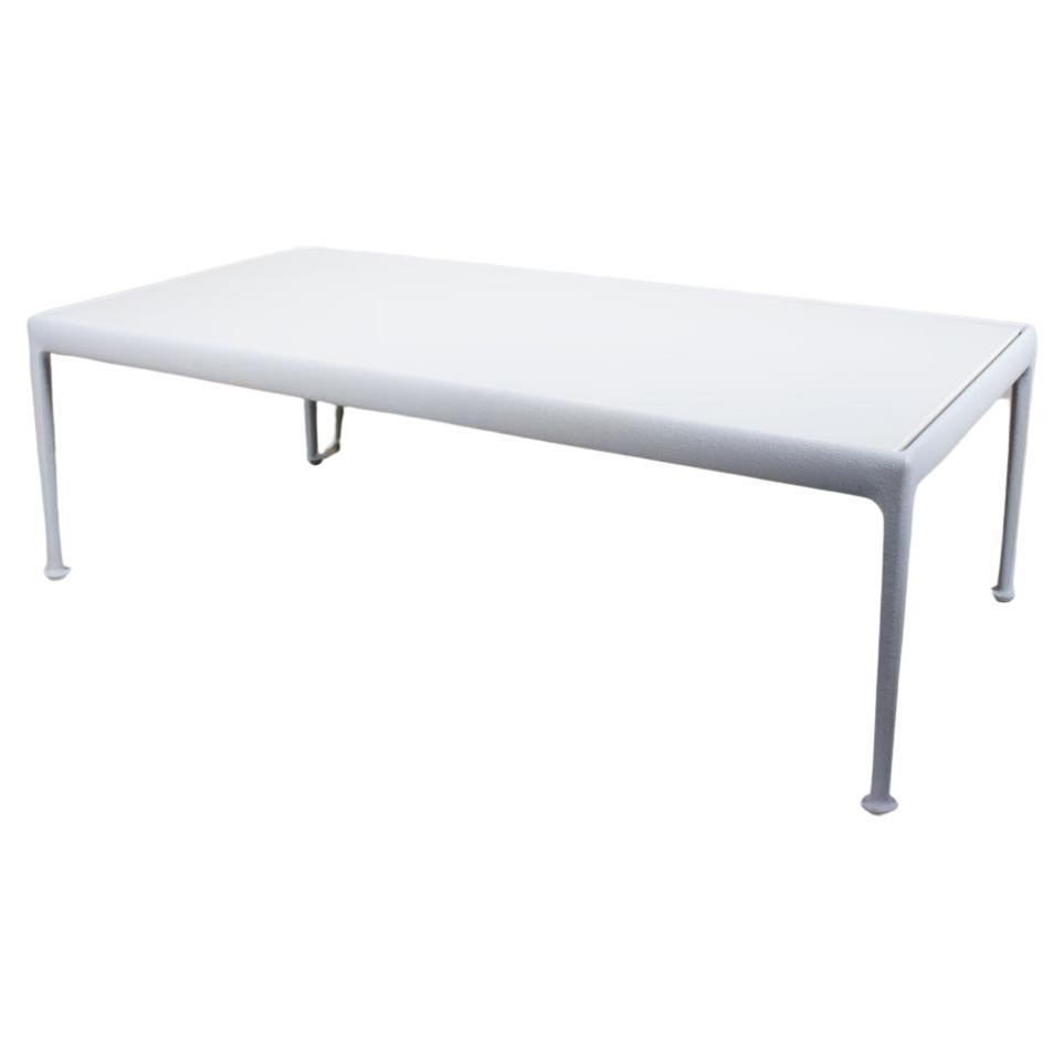 Richard Schultz for Knoll White Cast Aluminum Coffee Table, 1960's. Featuring a rectangular four foot White textured enamel cast aluminum open framework, smooth original White enameled inset Steel surface. Unmarked. Sturdy. Balanced. Indoor /