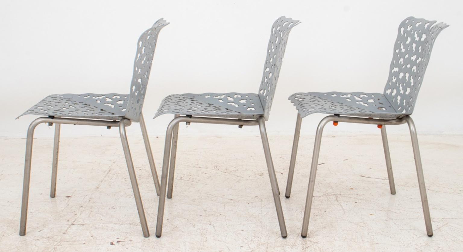 Richard Schultz (American, 1926 - 2021) for Knoll Studio Topiary stacking cafe side chairs (designed 1993), three (3) in the form of a densely cropped hedge, with grey finish (losses) on steel legs. 30.5
