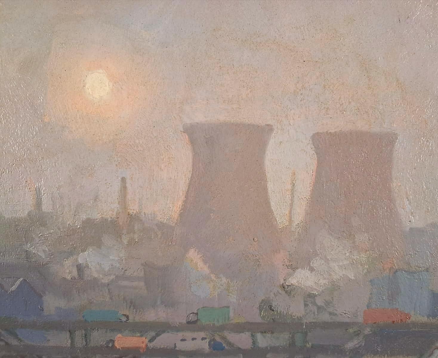 A beautiful 20th century oil on board industrial landscape depicting a view towards Rotherham in South Yorkshire at dusk by Richard Scott.

The work is signed lower right and presented in it's original gallery frame with exhibition label on the