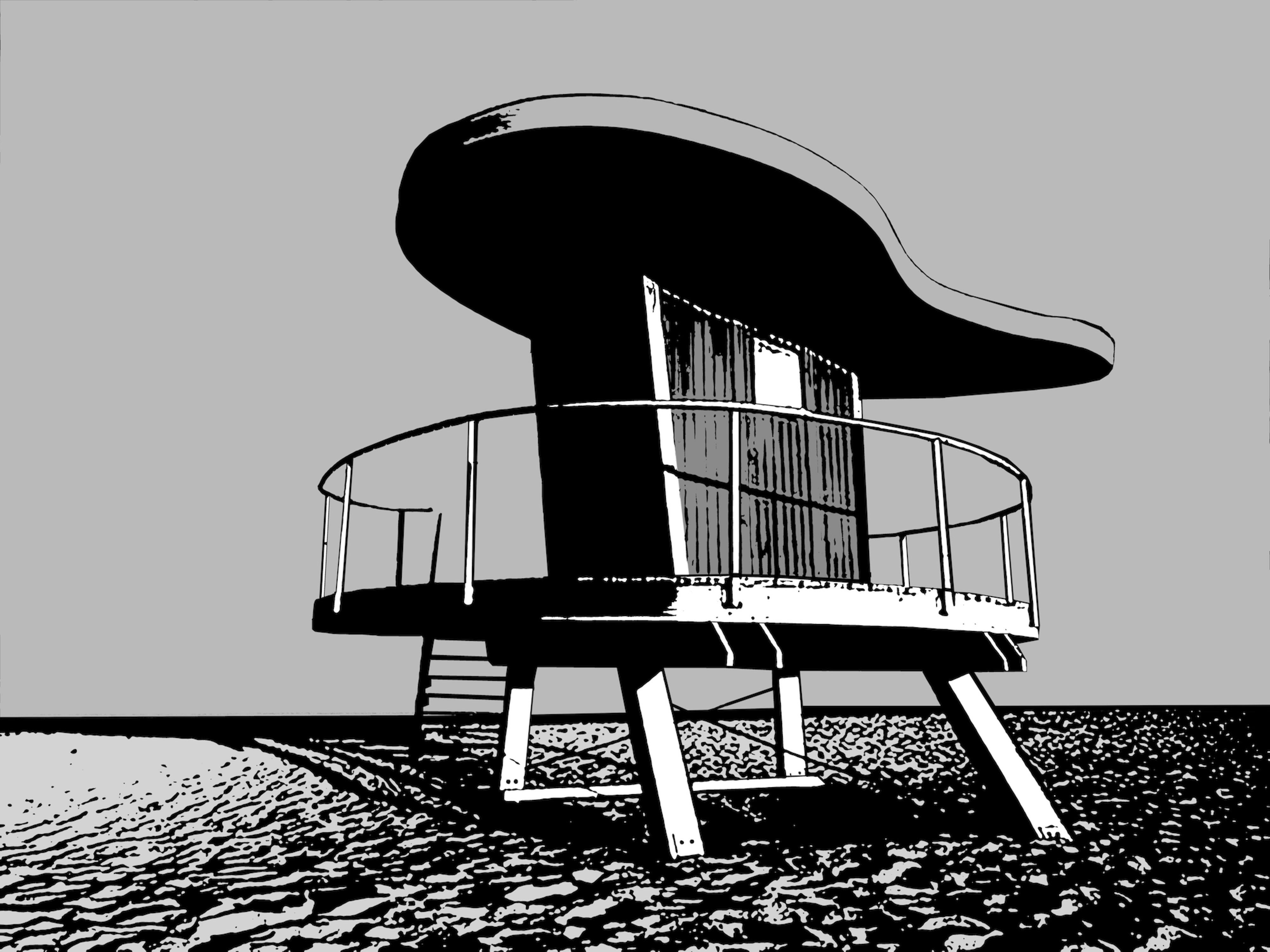 Richard Scudder, Miami Beach Lifeguard Stand #9. - In Black & White. Hand Signed And Numbered By The Artist. Black & White Serigraph. 

:: Hand Printed Work :: Art Deco/Art Nouveau :: This piece comes with an official certificate of authenticity
