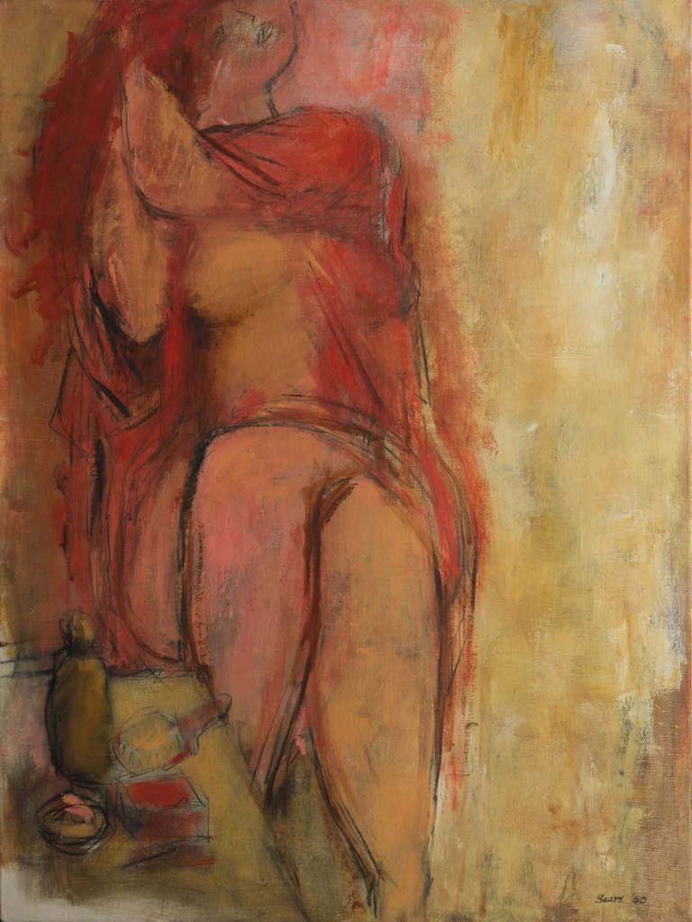 Richard Sears Nude Painting - 'Nude in Ivory and Coral', Large Mid-Century Expressionist Figural Oil