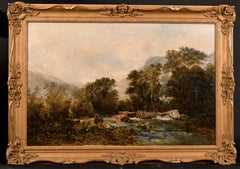 Signed Victorian British Oil Painting Rocky River Highland Landscape & Figures
