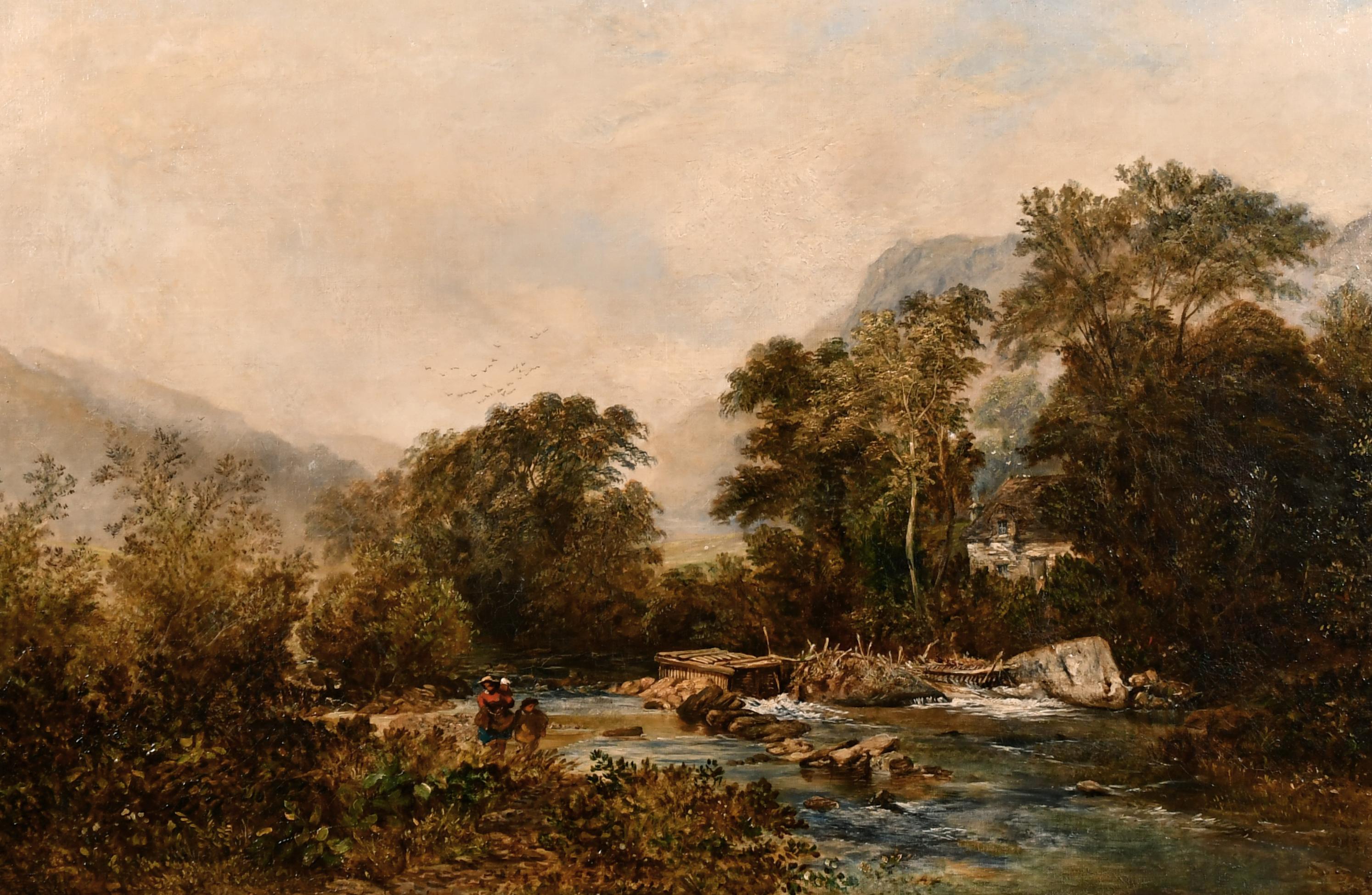 Signed Victorian British Oil Painting Rocky River Highland Landscape & Figures