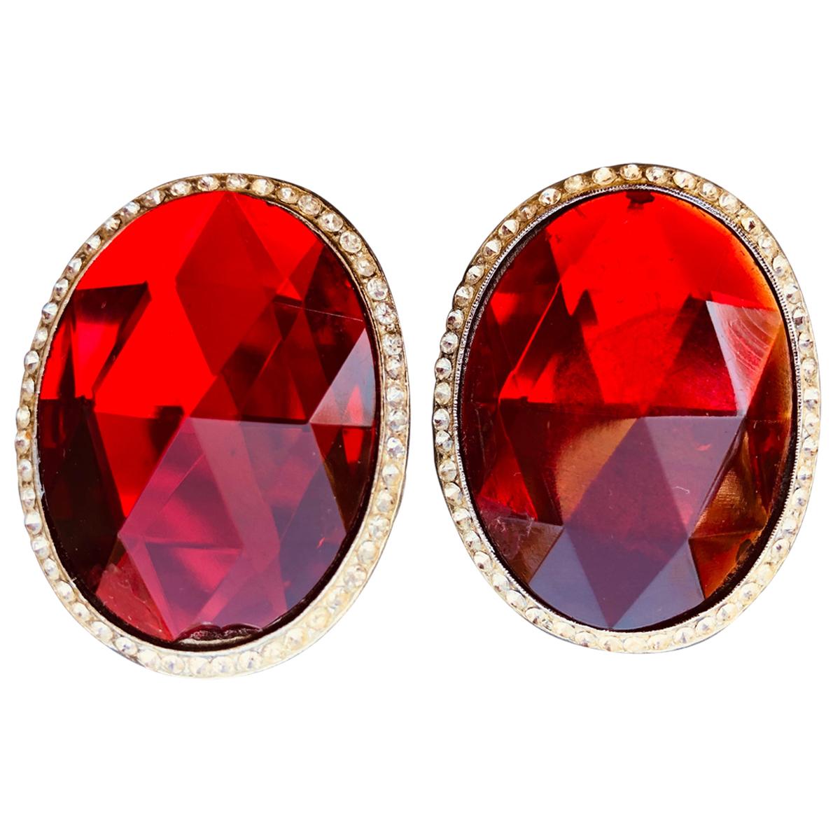 Richard Serbin 1984 Huge Oval Runway Clip On Earrings with Red "Crystal" For Sale