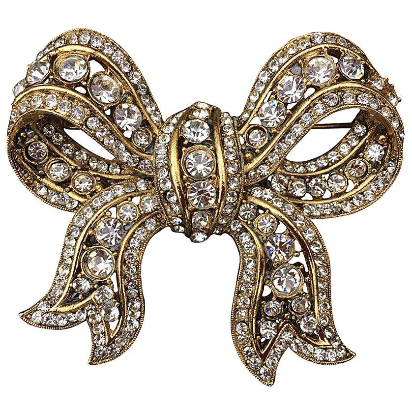 Richard Serbin Large Gold and Crystal Bow Brooch Pin 1985 In Excellent Condition In Cloverdale, CA