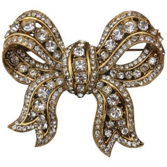 Vintage Richard Serbin Large Gold and Crystal Bow Brooch Pin 1985