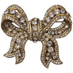 Richard Serbin Large Gold and Crystal Bow Brooch Pin 1985