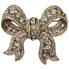 Vintage Richard Serbin Large Gold and Crystal Bow Brooch Pin 1985