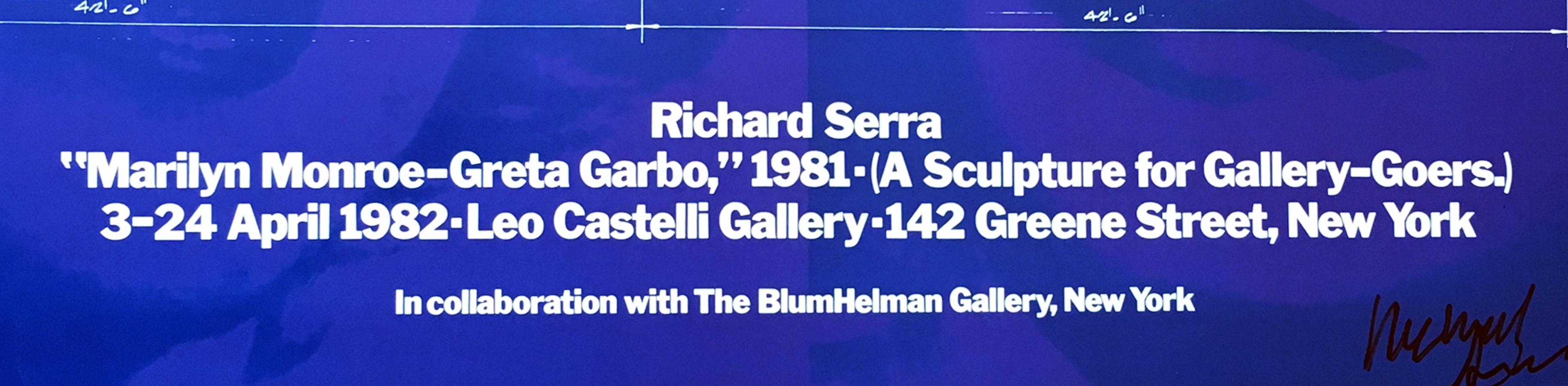 Richard Serra
Marilyn Monroe - Greta Garbo Poster (handsigniert), 1982
Offset-Lithografie-Poster veröffentlicht von der Leo Castelli Gallery Handsigniert auf der unteren Vorderseite in schwarzem Marker von Richard Serra im Jahr 2014
19 × 31 1/2