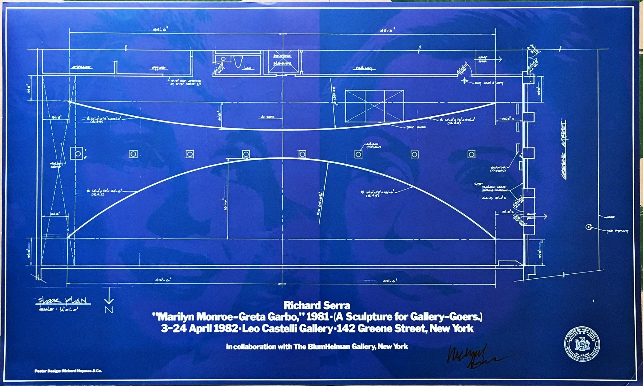 Richard Serra
Marilyn Monroe - Greta Garbo Poster (handsigniert von Richard Serra), 1982
Offset-Lithografie-Poster veröffentlicht von der Leo Castelli Gallery Handsigniert auf der unteren Vorderseite in schwarzem Marker von Richard Serra im Jahr