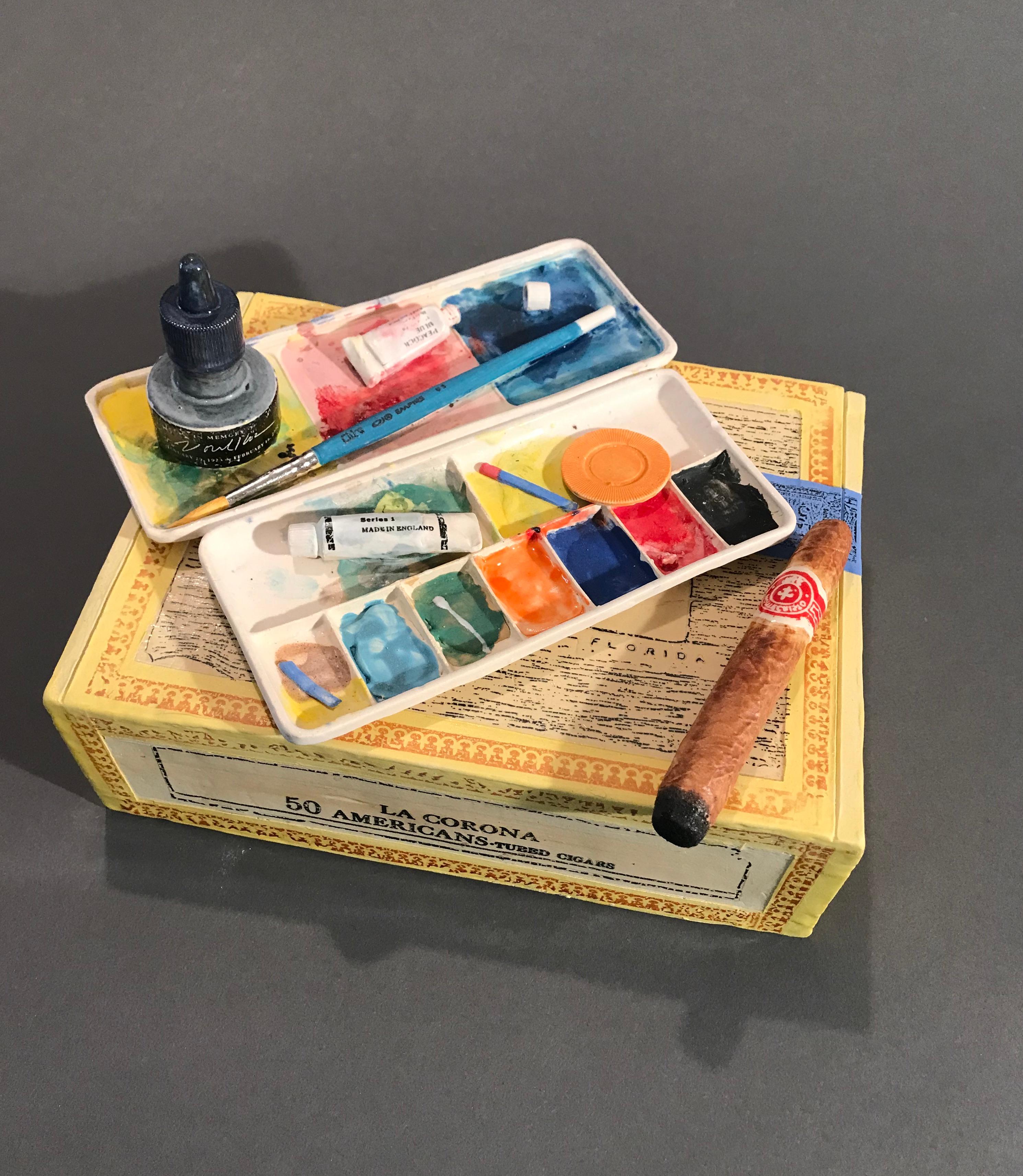 Richard Shaw Still-Life Sculpture - Corona Cigar Box with Watercolor Tray and Cold Cigar