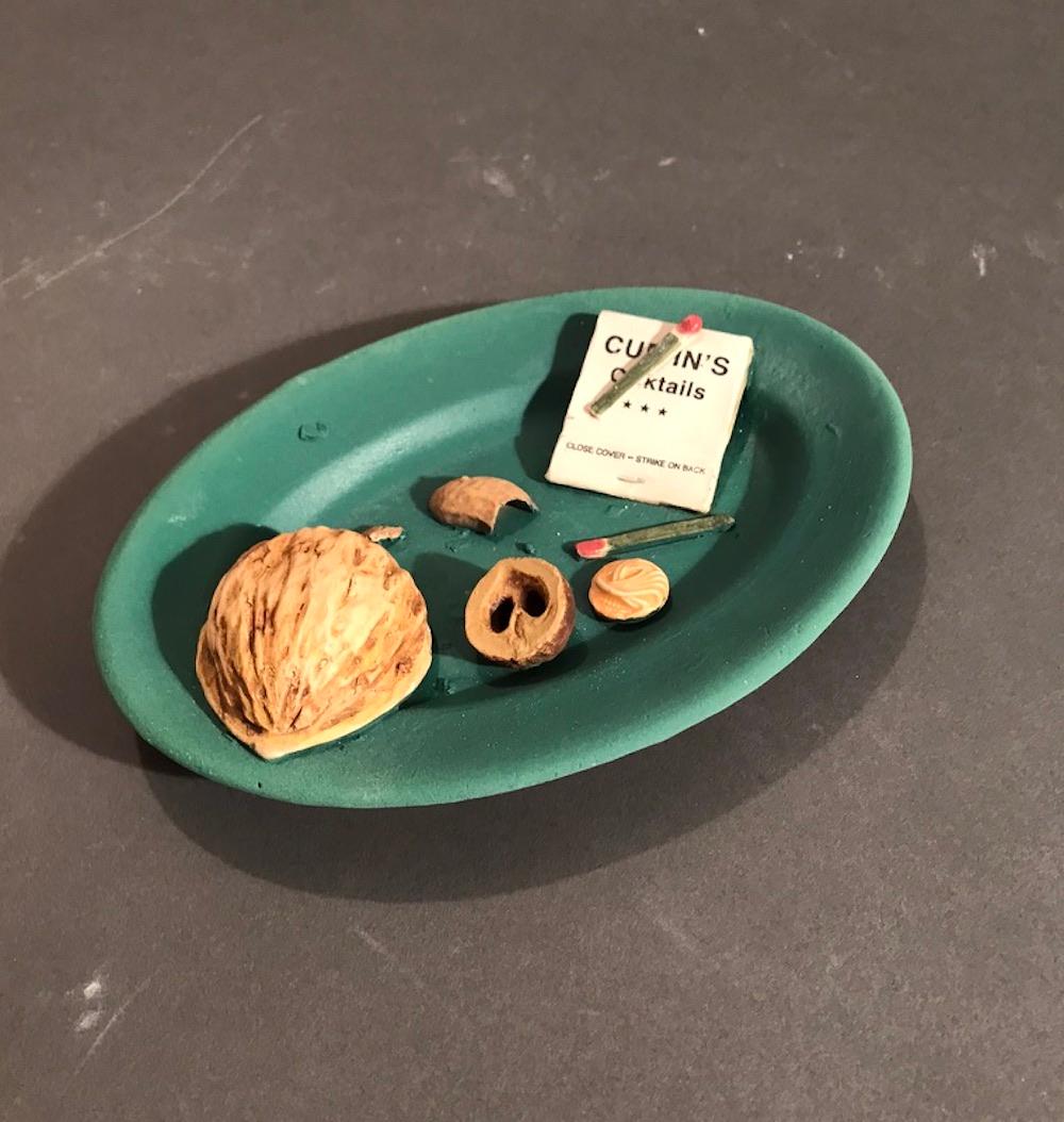 Richard Shaw Still-Life Sculpture - Green Oval Saucer with Matches and Nut