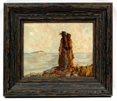 Antiguo óleo sobre tabla americano de 1910 Cuadro Costa Isla Playa Mujeres enmarcado