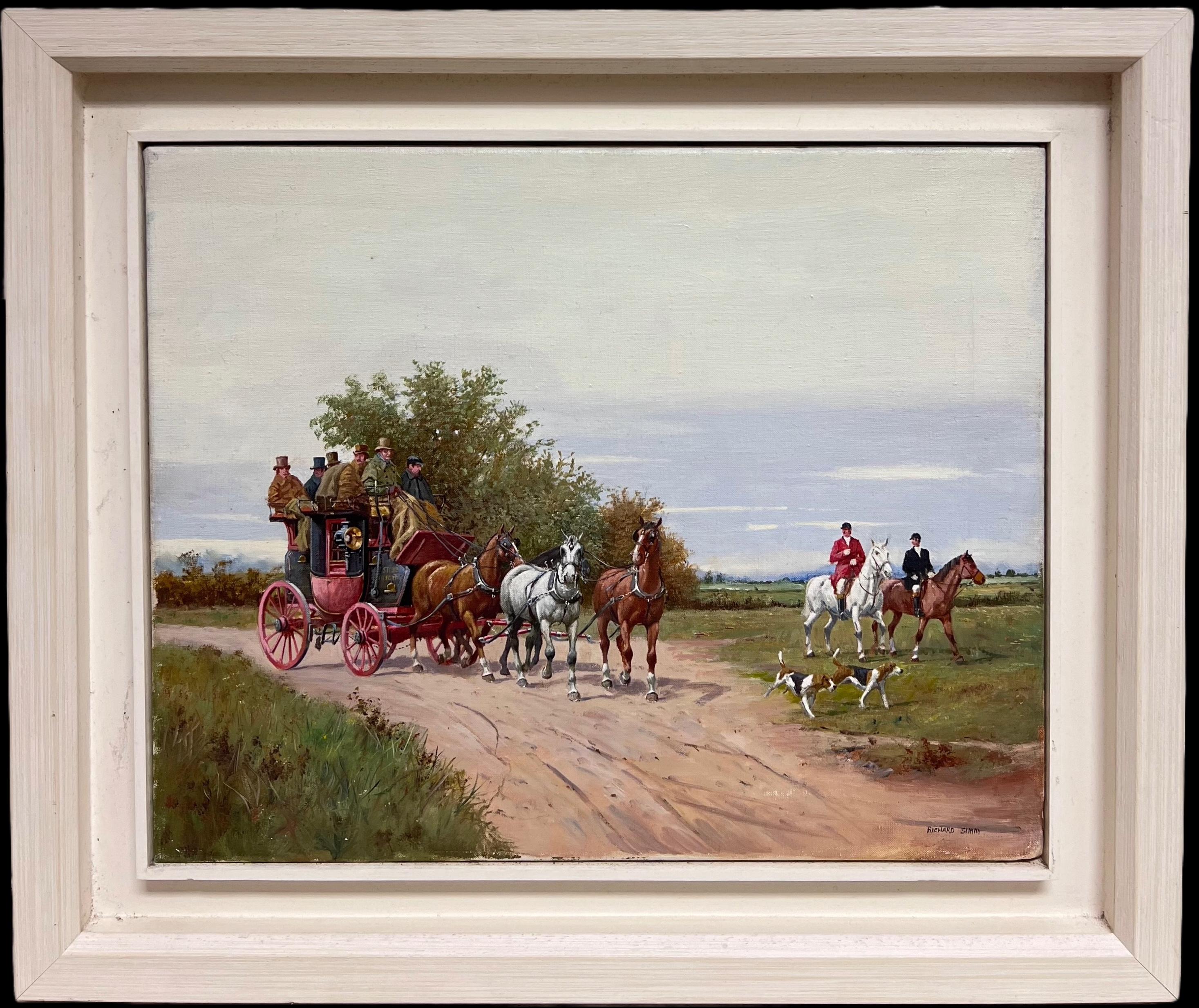 Antique English Signed Oil Painting Coach & Horses Racing to London Huntsman - Gray Animal Painting by Richard Simm