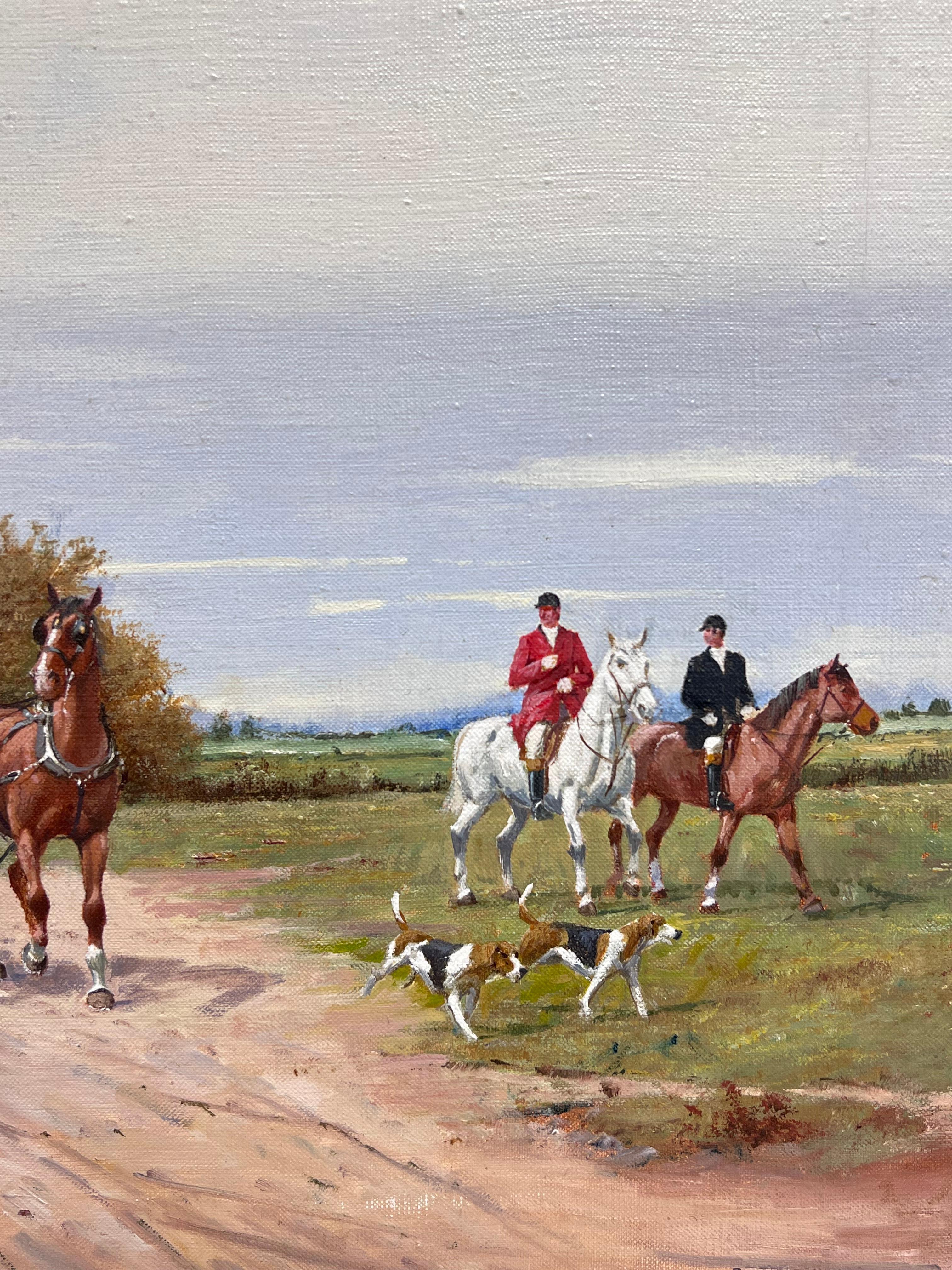 The Fast Road to London
Charming English Coaching Scene watched by the passing Hunt
by Richard Simm (British, bn. 1926)
signed oil on canvas with board backing, framed
framed: 22 x 26 inches
canvas : 16.5 x 20 inches
Provenance: private collection,
