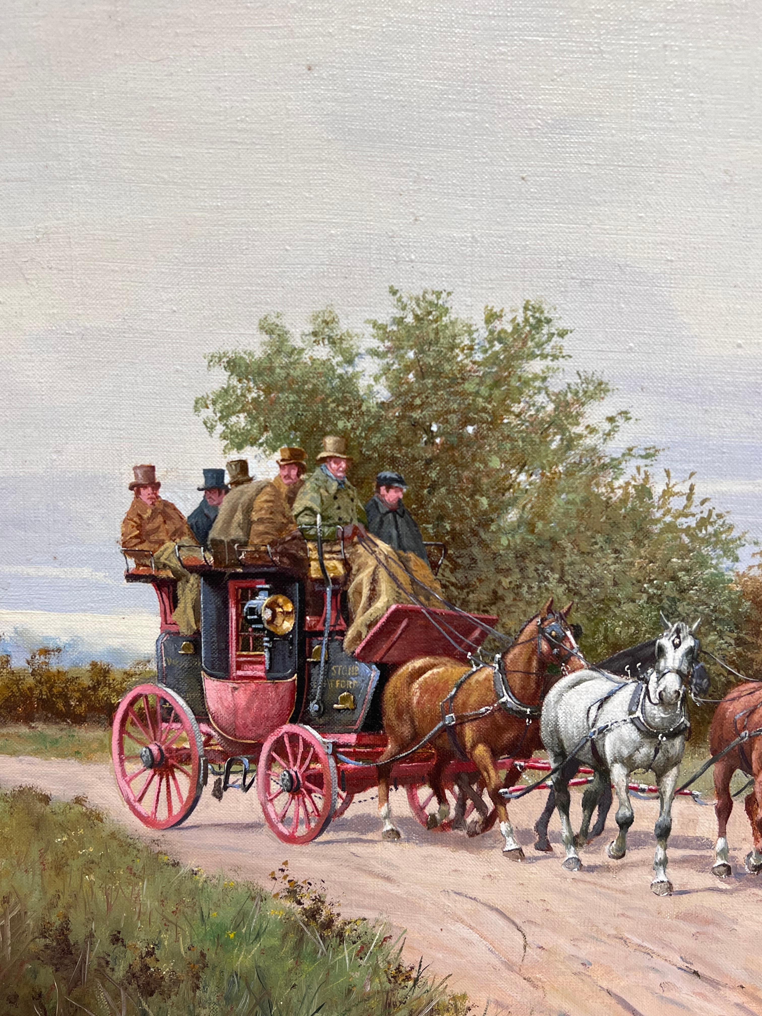 Antique English Signed Oil Painting Coach & Horses Racing to London Huntsman For Sale 1