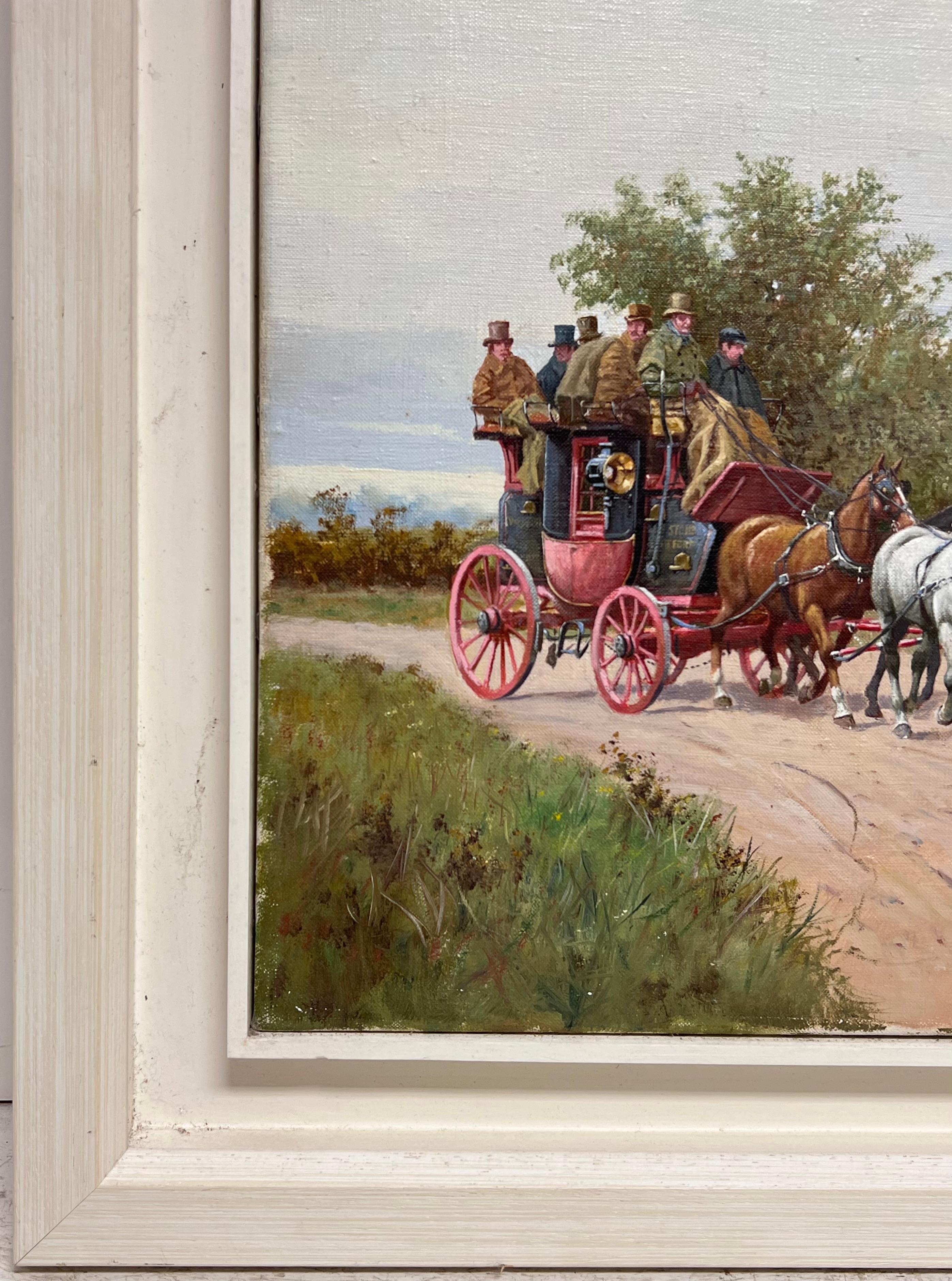 Antique English Signed Oil Painting Coach & Horses Racing to London Huntsman For Sale 2