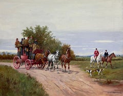 Antique English Signed Oil Painting Coach & Horses Racing to London Huntsman